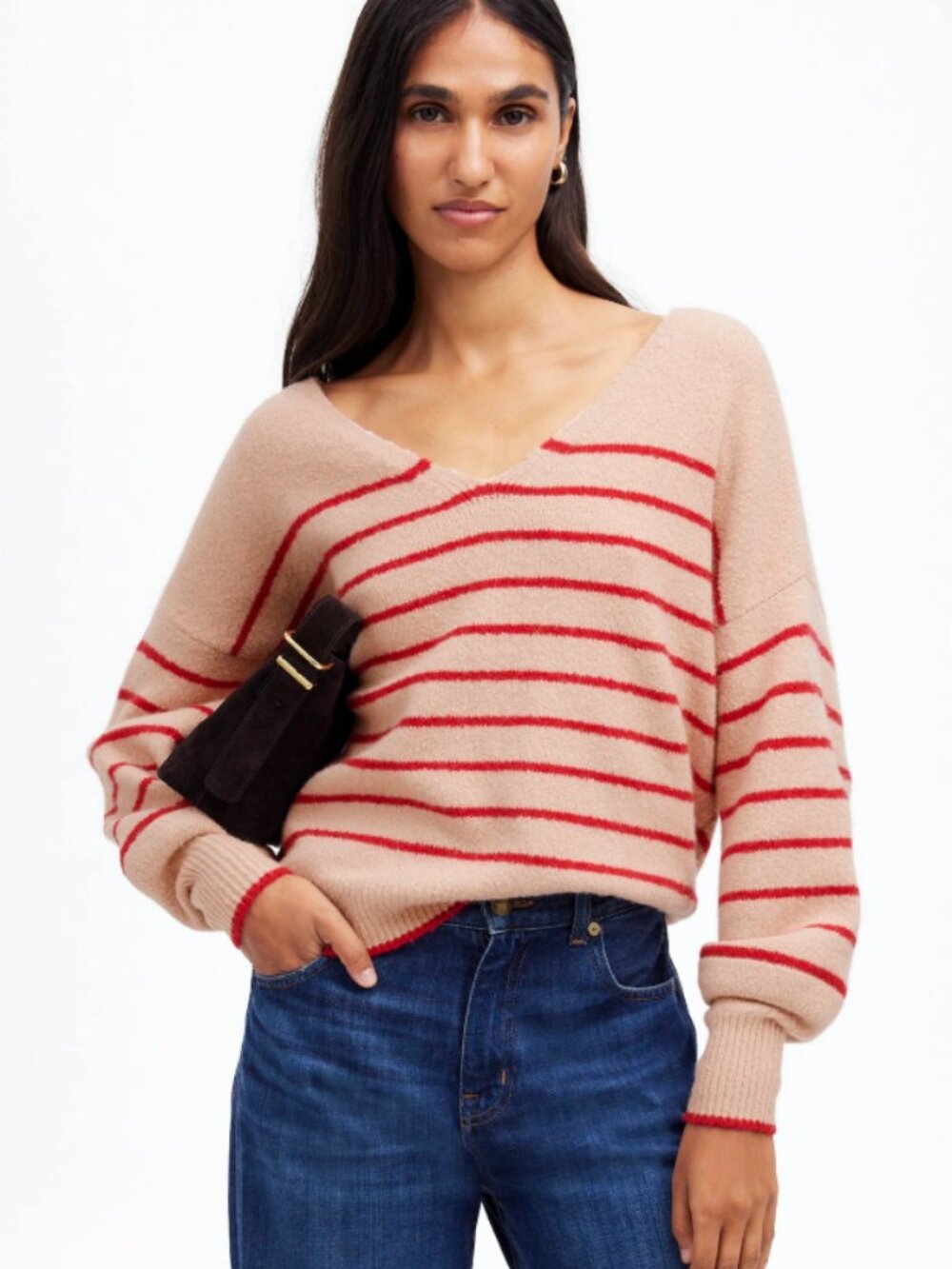 Madewell Wedged V-Neck Sweater • size medium • pale blush stripe • NT588